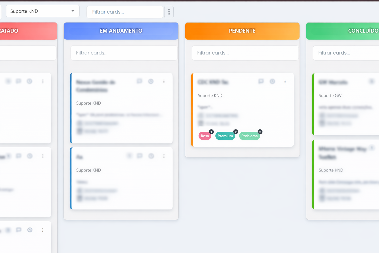 Captura do painel de CRM WhatsGW: contatos, funil de vendas, etiquetas e histórico de relacionamento ligado ao atendimento via WhatsApp.