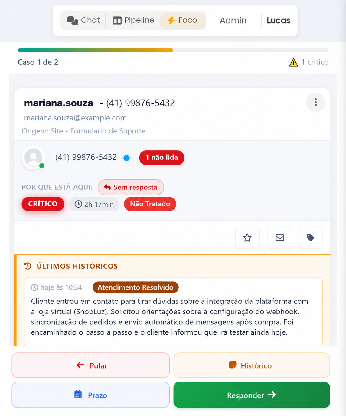 Tela do Modo Foco WhatsGW: fila Caso 1 de 16, tags, hist&oacute;rico e bot&otilde;es Pular, Hist&oacute;rico, Prazo e Responder.