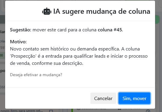 Sugest&atilde;o de IA no pipeline WhatsGW para mover cards automaticamente entre colunas do Kanban.